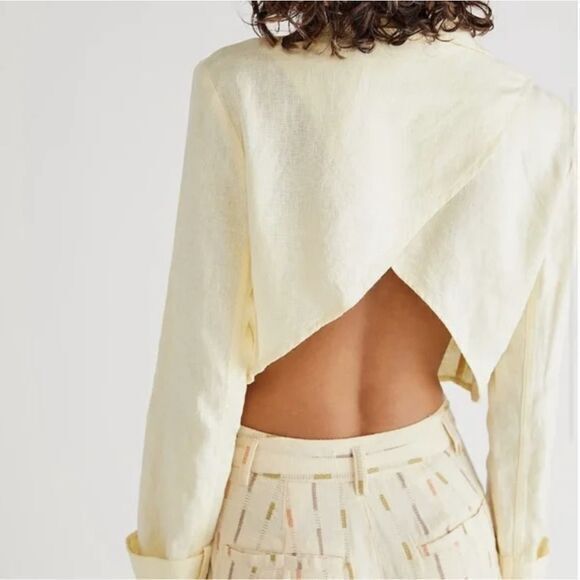 NEW Free People 100% Linen Crossover Back Bennie Crop Blazer, L - Picture 2 of 16
